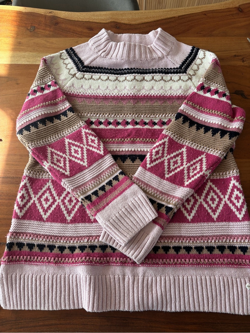 Fair Isle Crewneck Sweater in Pink & Beige by Olsen womens medium cotton